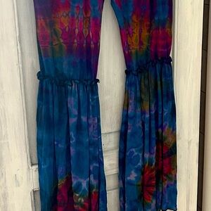 Bohemian Hippy Festival Tie-Dye Flared Pants w/Ruffle Bell Bottoms Soft Cotton